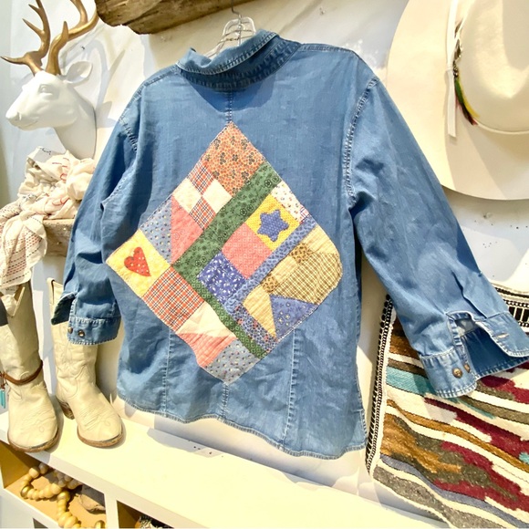 Upcycled patchwork vibe on denim shirt w prairie country vibe - Picture 6 of 13